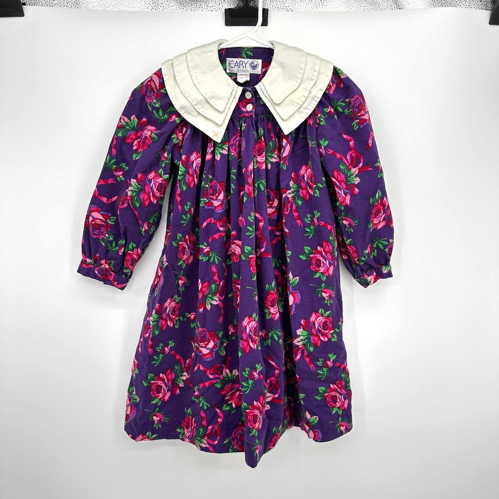 Cary San Francisco Vintage Girls Purple Rose Floral Dress Sailor Collar Size 6
